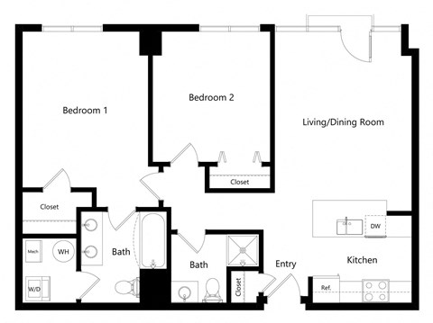 the two-bedroom Manhattan floor plan at Midtown Crossing Apartments in Omaha, NE
